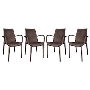 Kent Plastic Outdoor Dining Arm Chair in Brown Set of 4