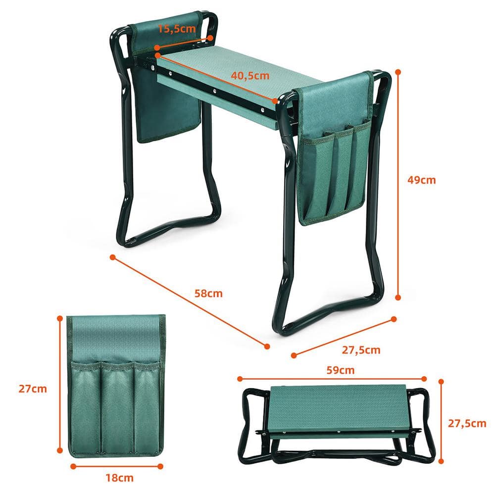 Green and Beige Metal Folding Garden Kneeler Seat Bench with Tool Pouches