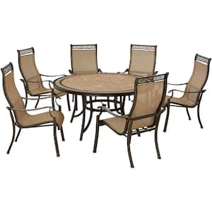 Monaco Bronze 7-Piece Aluminum Outdoor Dining Set, 6 Stationary Chairs and 60 in. Round Tile Table All-Weather