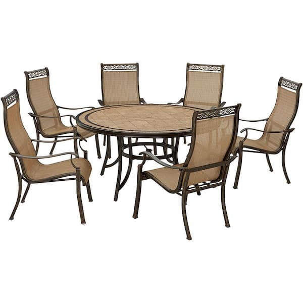 Hanover Monaco Bronze 7-Piece Aluminum Outdoor Dining Set, 6 Stationary Chairs and 60 in. Round Tile Table All-Weather