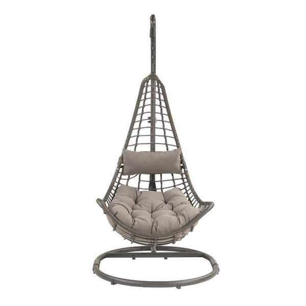 Wateday Outdoor Wicker Patio Hanging Chair with Stand Gray Fabric Cushions