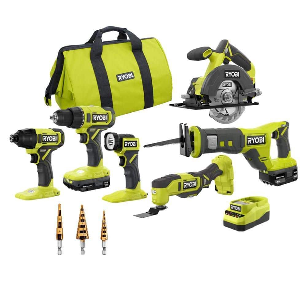 Ryobi ONE+ 18V 6-Tool Combo Kit w/ 2Ah Battery, 4Ah Battery, & Charger w/ 3PC Step Drill Bit Set