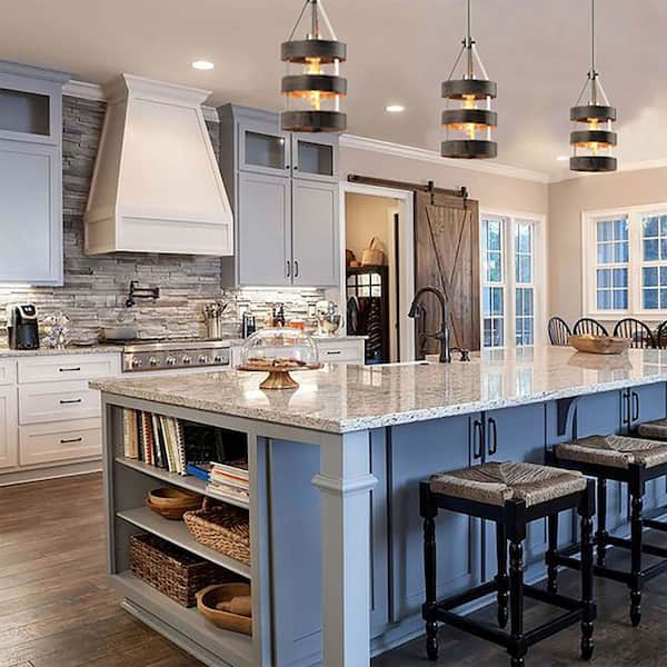 1-Light Brushed Nickel and Walnut Striped Cylinder Island Pendant Light