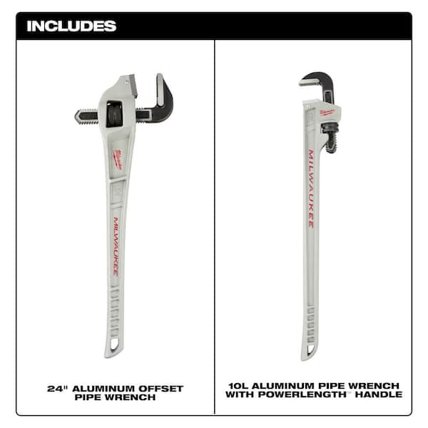 10 in. Aluminum Pipe Wrench with Power Length Handle and 24 in. Offset Pipe Wrench (2-Piece)