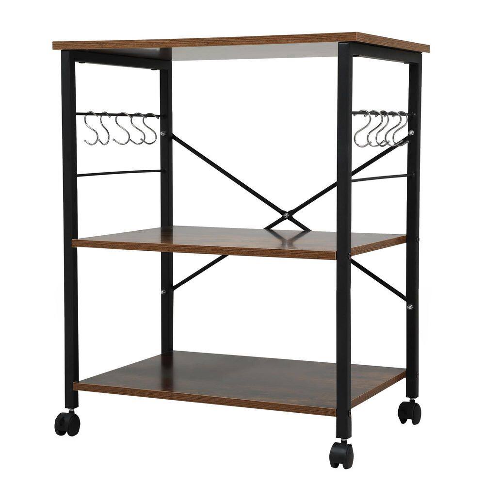 Amucolo 3Tier Brown Wood Kitchen Cart with 10Hooks and 4Wheels FX