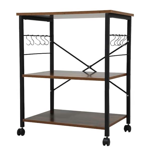 Amucolo 3-Tier Brown Wood Kitchen Cart with 10-Hooks and 4-Wheels