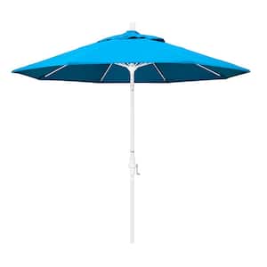 9 ft. Matted White Aluminum Collar Tilt Crank Lift Market Patio Umbrella in Canvas Cyan Sunbrella