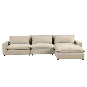 28 in. 4-Piece L Shaped Chenille Modern Sectional Sofa in Beige with Movable Ottoman, Charging Ports and Back Pillows