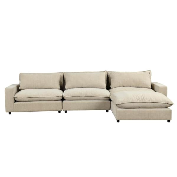 Nestfair 28 in. 4-Piece L Shaped Chenille Modern Sectional Sofa in Beige with Movable Ottoman, Charging Ports and Back Pillows