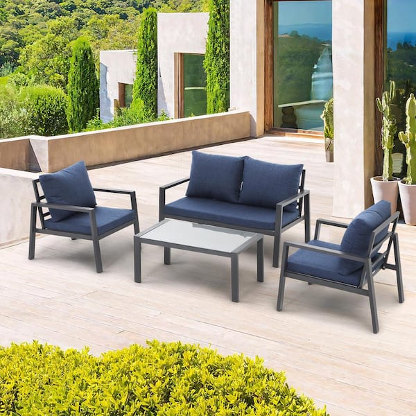 Freestyle 4-Piece Aluminum Grey Outdoor Conversation Sofa Set with Blue Cushions