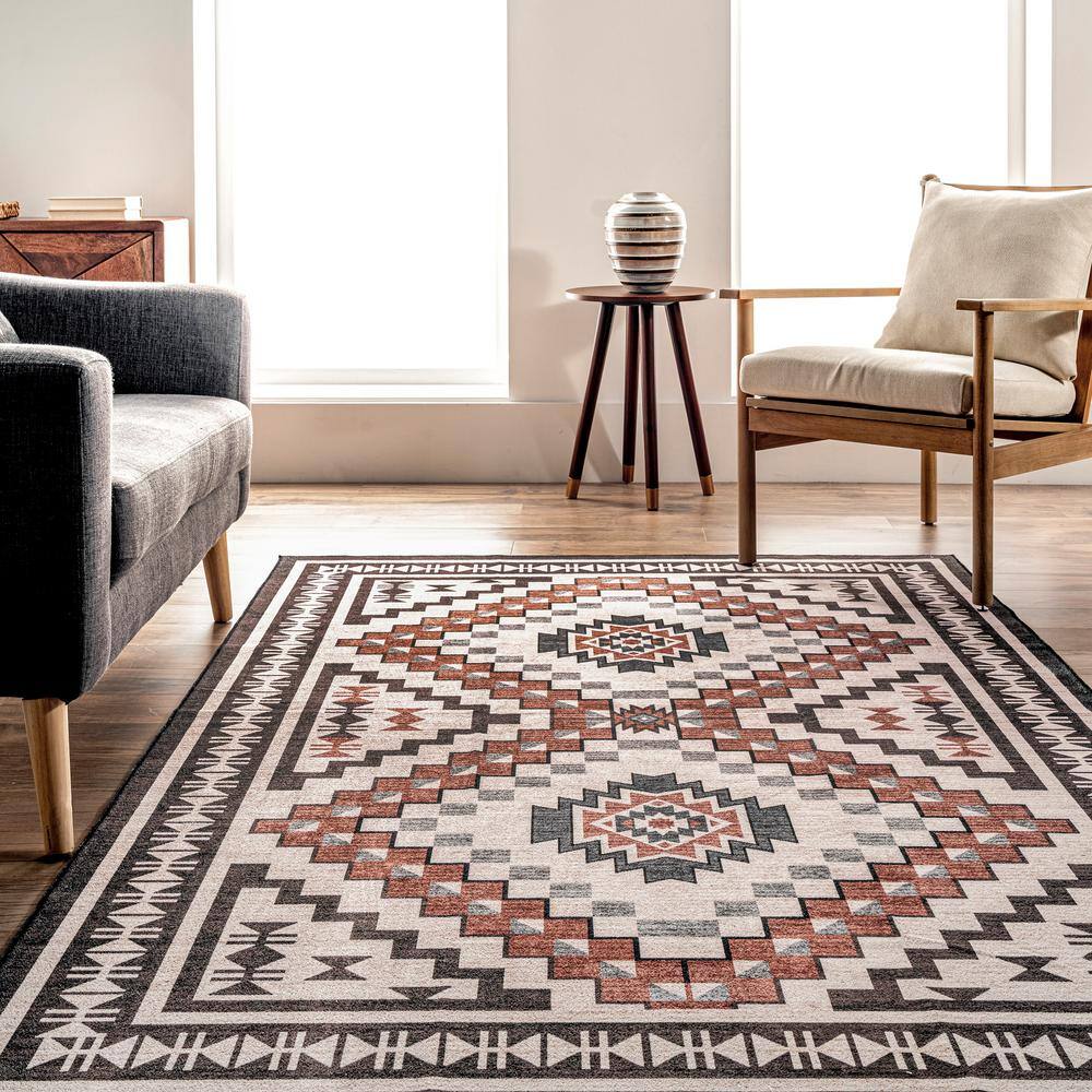 Beige Southwestern Medallion 8' x 10' Washable Area Rug