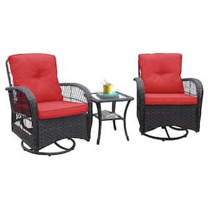 3-Piece Wicker Outdoor Bistro 360-Degree Swivel Rocker Chairs Patio Conversation Set with Red Cushions and Side Table
