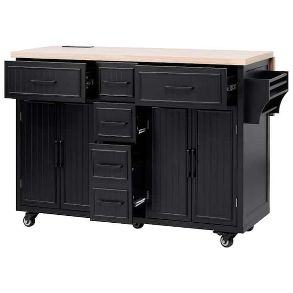 56.5 in. Black 5-Drawer Cabinet Kitchen Island Cart with Drop Leaf, Power Outlet, Adjustable Shelves and Locking Wheels
