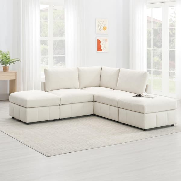 Harper & Bright Designs 93 in. Armless Cotton Linen Velvet Modular Sectional Sofa in. Beige with 2 Convertible Ottomans, Vertical Stripes
