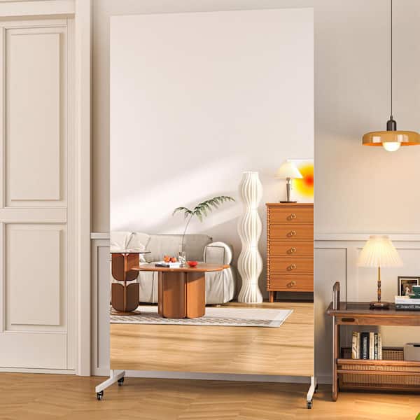 White 40 in. W x 79 in. H Rectangle Full Length Mirror on Wheels Home Gym Mirror 360° Swivel for Yoga Studio, Bedroom