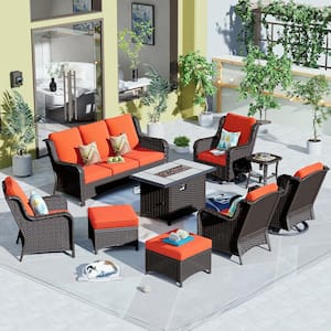 Joyoung Brown 9-Piece Wicker Patio Rectangle Fire Pit Conversation Set with Orange Red Cushions and Swivel Chairs