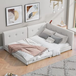 Button-Tufted Beige Wood Frame Full Size Linen Upholstered Platform Bed, Daybed with USB Ports