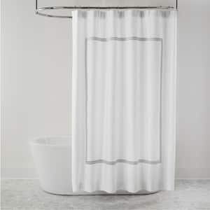 72 in. White and Stone Gray Hotel Embroidered Border Cotton Shower Curtain