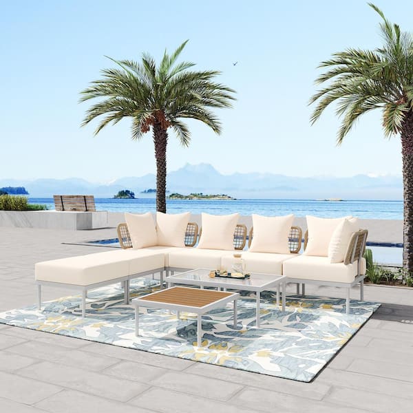 Unbranded White 8-Pieces Metal PP Rope Outdoor Sectional Set Sofa Set with Tempered Glass Coffee Table and Beige Cushions