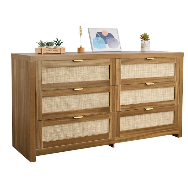 6-Drawer Rattan Dresser, Double Chest of Drawers with Metal Handles, Bedroom Clothing Storage Organizer