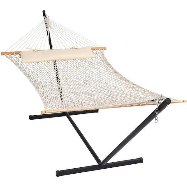 12 ft. 2-Person Cotton Rope 2-Person Hammock Bed with Stand, Beige