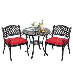 Black 3-Piece Cast Aluminum Outdoor Bistro Dining Set with 2 Chairs, Round Table Set with Red Cushions