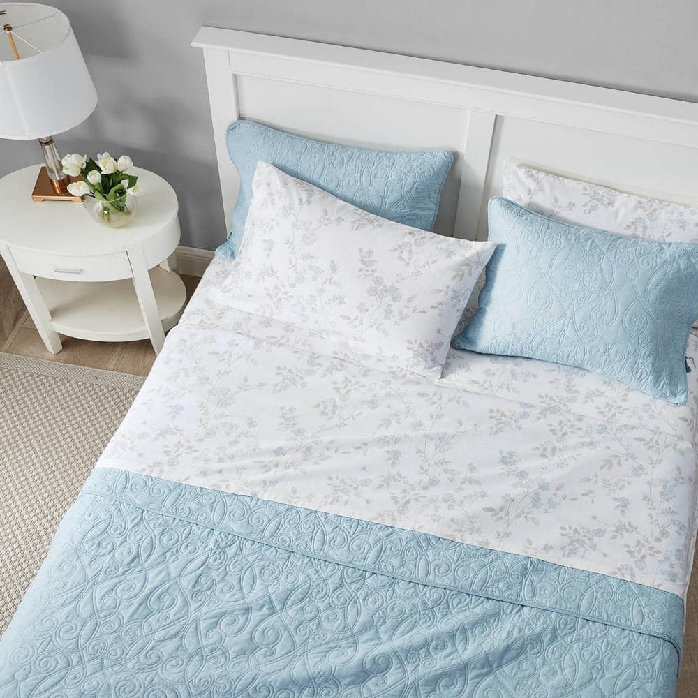 Twin Gray Cotton Flannel Floral Deep Pocket Sheet Set