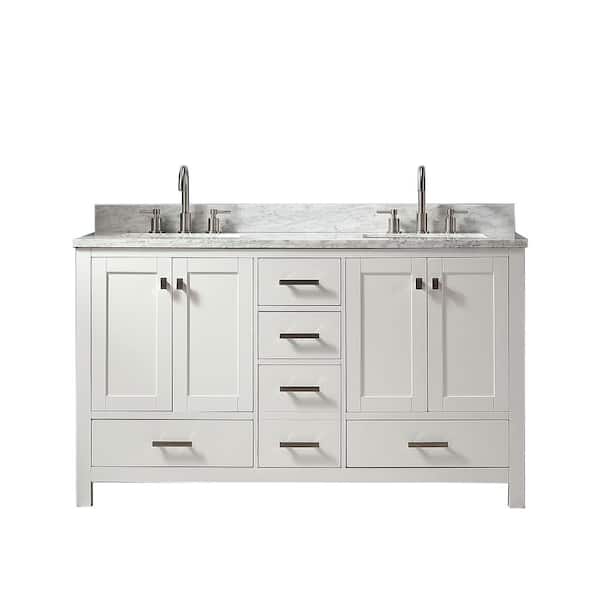 SUPREME WOOD Monet 60in.W X22in.DX35.4 in.H Bathroom Vanity in White with Marble Stone Vanity Top in White with Double White Sink