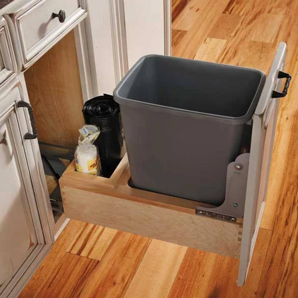 White Plastic Single 35 Qt Pull-Out Trash Bin with Maple Wood Frame