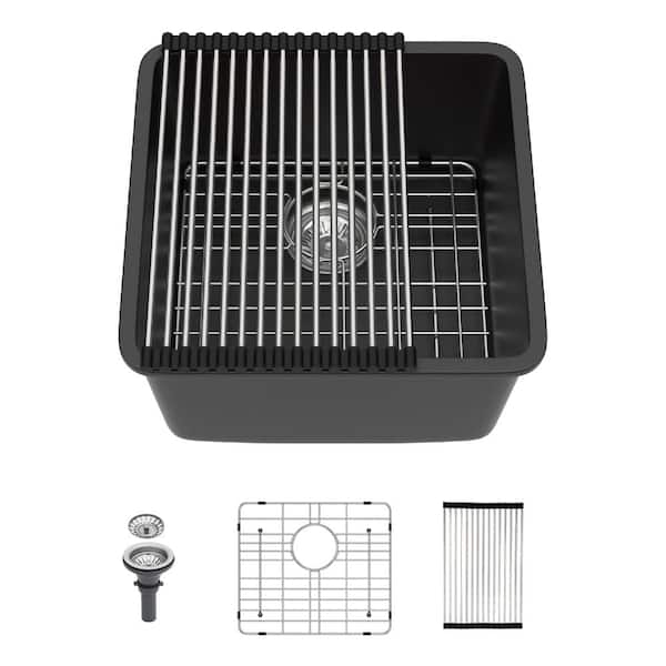 17 in. Undermount Singel Bowl 16 Gauge Black Quartz Kitchen Sink with Drain