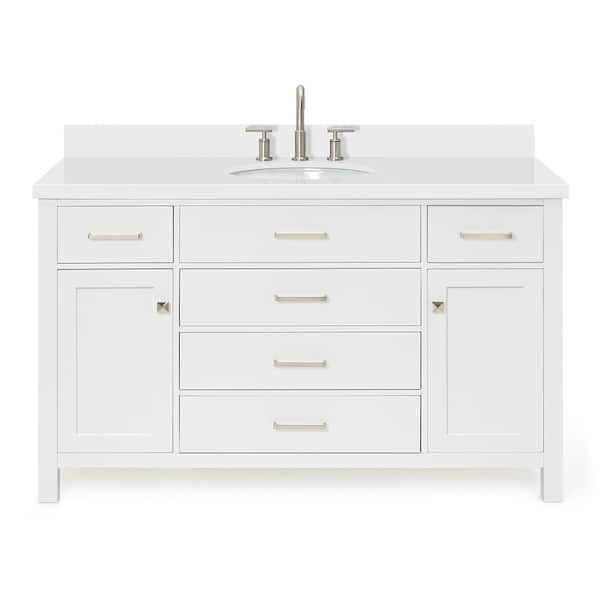 Bristol 55 in. W x 22 in. D x 36 in. H Freestanding Bath Vanity in White with Pure White Quartz Top