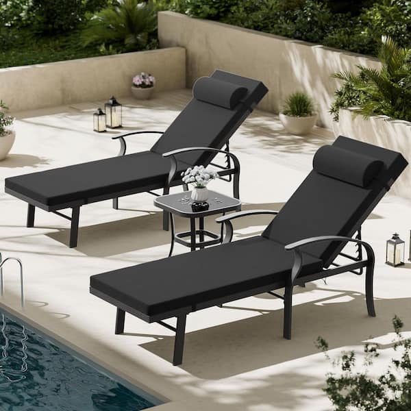 3-Piece Aluminum Outdoor Chaise Lounge with Glass Table, Armrest and Cushion Black