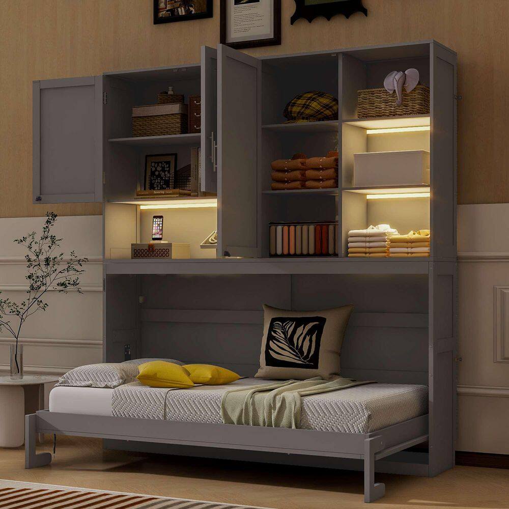 White Wood Frame Twin Size Murphy Bed with Top Cabinet, Shelves, Space Saving Foldable Bed with Light & USB - thumbnail 8