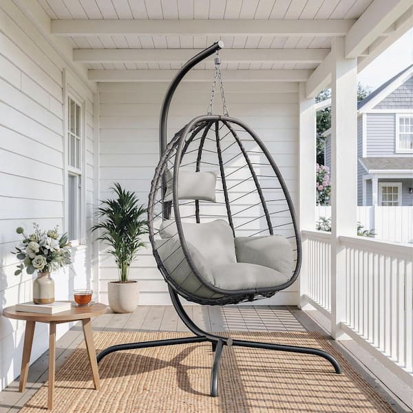 Foldable 44 in. 1-Person Brown Wicker Patio Swing Egg Chair with Stand and Cream Cushion for Backyard