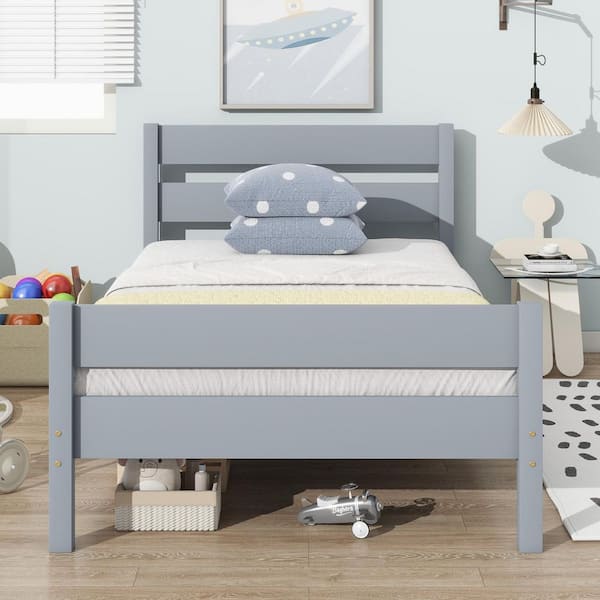 Gray Wood Frame Twin Size Platform Bed with Headboard and Footboard
