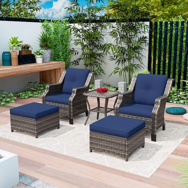 MeetLeisure Brown 5-Piece Wicker Patio Conversation Set Outdoor Lounge Chair with Blue Cushions
