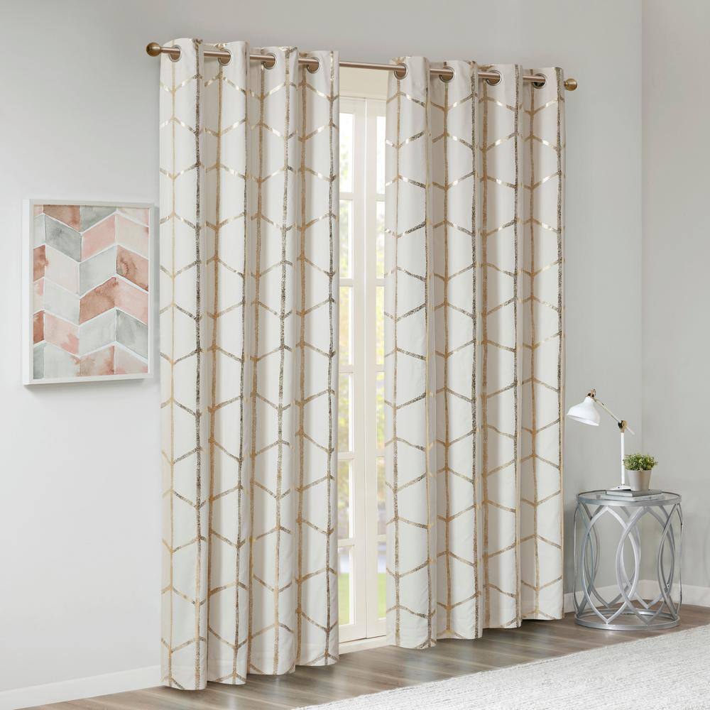 Ivory and Gold Geometric Blackout Grommet Curtains, 50"x84" Set of 2