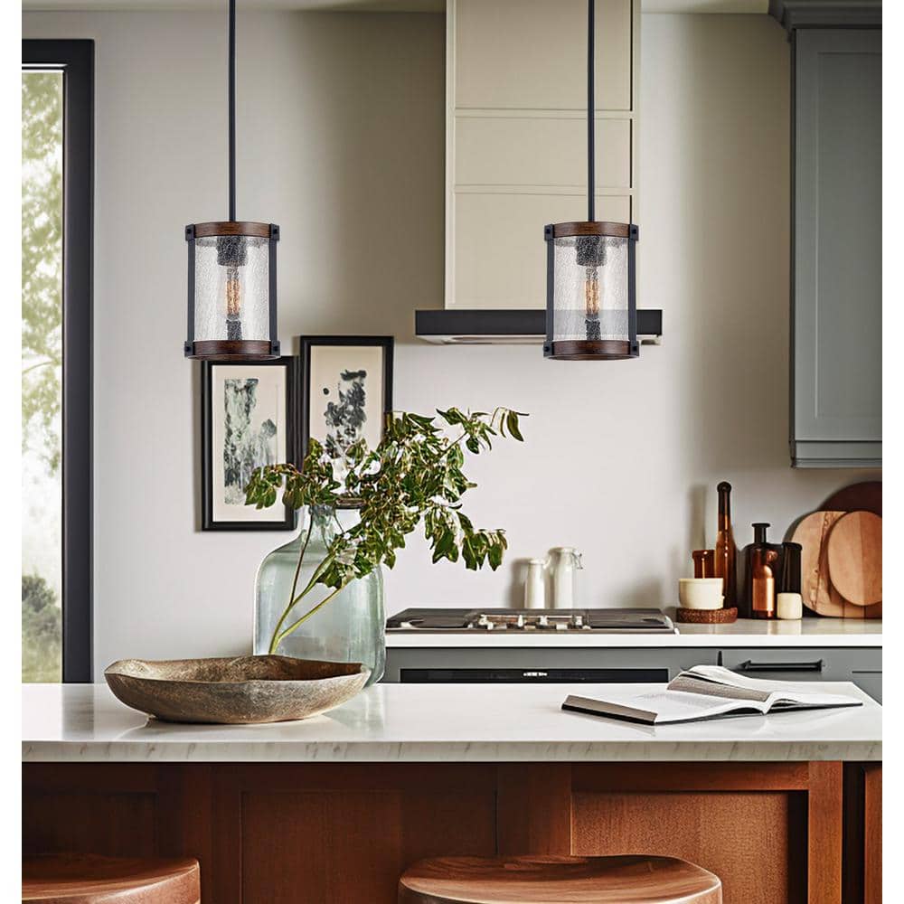 Hadley 9" Modern Farmhouse Crackled Glass Pendant Light, Textured Black