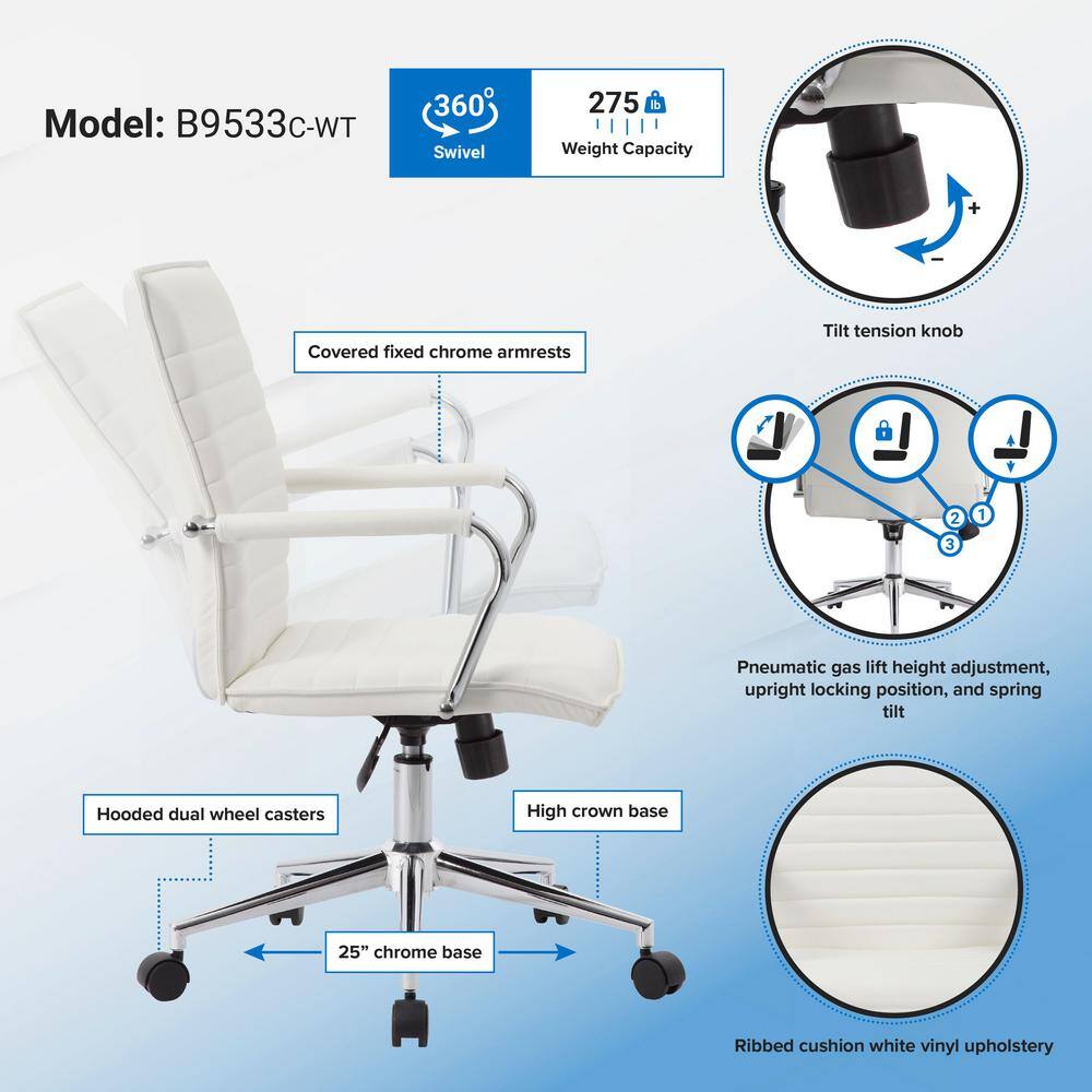 Elevate Chrome Base White Vinyl Task Chair with Fixed Arms
