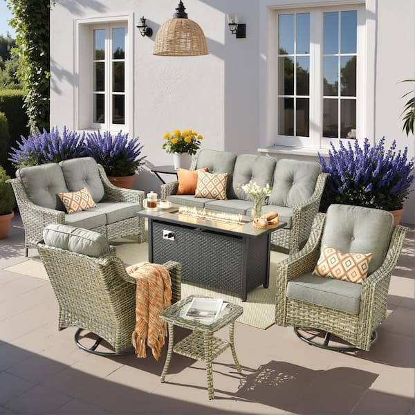 Toject Eureka 6-Piece Wicker Patio Conversation Sofa Seating Set with Metal Fire Pit Table and Dark Gray Cushions