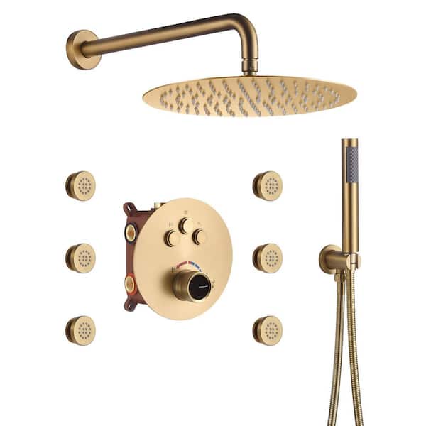 Mondawe Pressure Balanced 3-Spray Patterns 12 in. Wall Mounted Rainfall Dual Shower Heads with 6 Body Spray in Brushed Gold