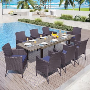 Brown 9-Piece Metal Patio Outdoor Dining Set with Extendable Table and Rattan Chairs with Blue Cushion