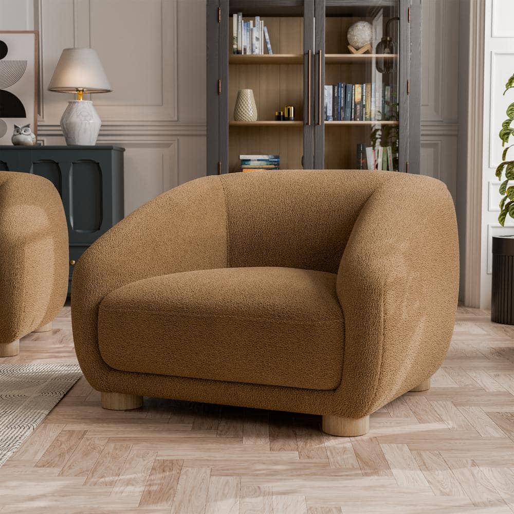 Waxley Brown Boucle Barrel Accent Chair with Wooden Legs
