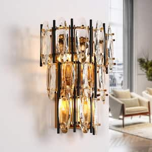 Noctiflorous 12.6 in. 3-Light Matte Black and Plating Brass Wall Sconce with Crystal Strips