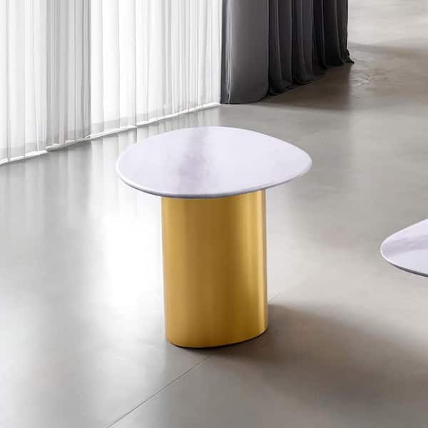 Furniture of America Robert 22 in. White and Matte Gold Oval Sintered Stone End Table with Soft Curved Edges