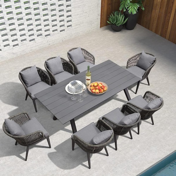 PURPLE LEAF 9-Piece All-Weather Wicker Outdoor Dining Set with Table All Aluminum Frame and Grey Cushions for Garden Backyard Deck