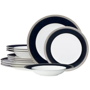 Odessa Cobalt Platinum 12-Piece White Bone China Dinnerware Set, Service For 4