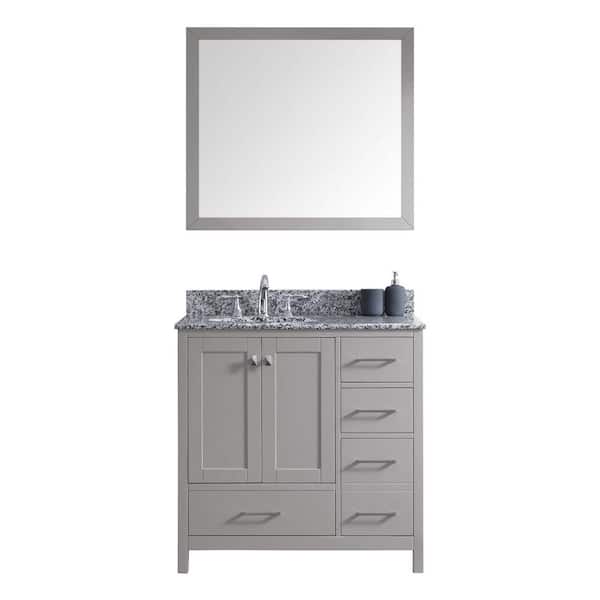 Virtu USA Caroline Madison 36 in. W Bath Vanity in C. Gray with Granite Vanity Top in Arctic White with Rnd. Basin and Mirror