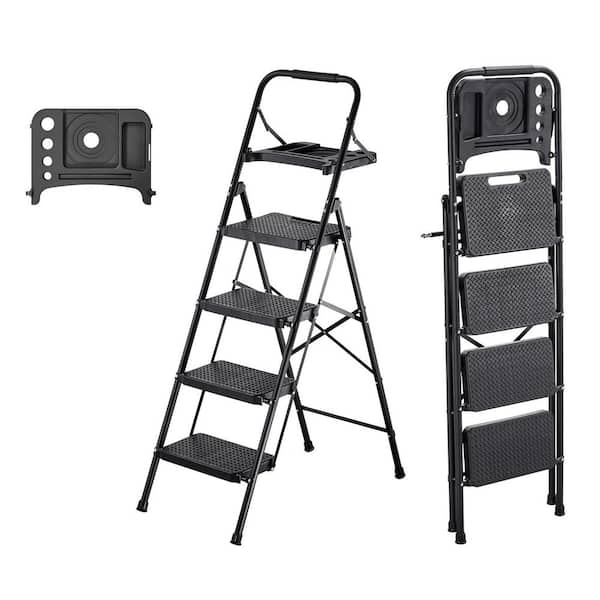 4 Step Ladder, Folding Step Stool with Wide Anti-Slip Pedal, Tool Tray, Comfort Handgrip, 600 lbs. Capacity Steel Ladder