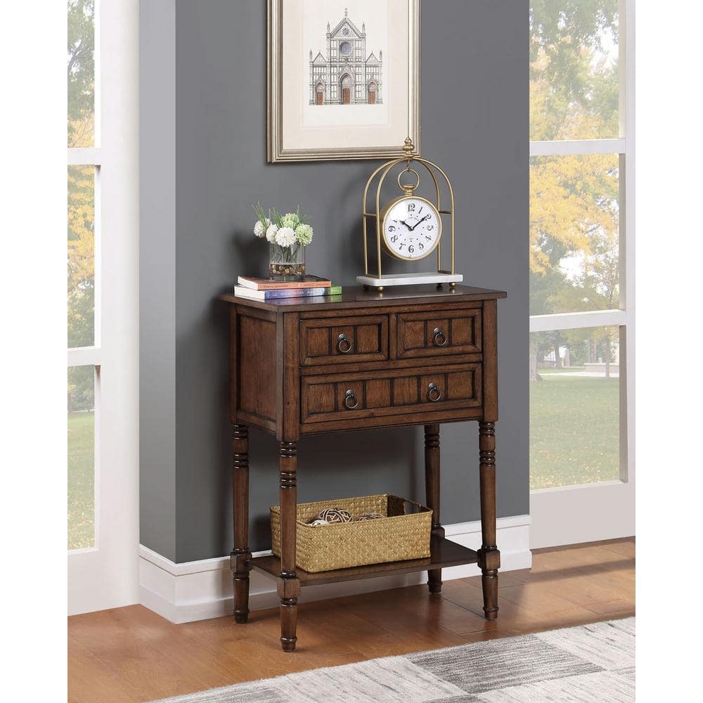 Kendra 23.75 in. Dark Oak Standard Rectangle Wood Console Table with 3 Drawers and Shelf price history on PriceWatchPro